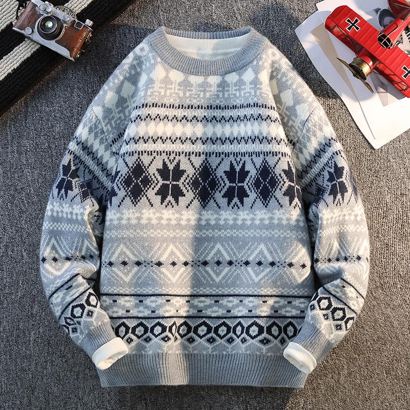 

Мужской осенне-зимний пуловер с круглым вырезом, с длинными рукавами, повседневный свитер в этническом стиле, вязаный трикотаж, модные топы M серый