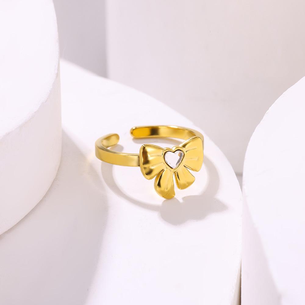 Zircon Heart Bow Knot Rings for Women Opening Gold Color Stainless Steel Ring Minimalist Couple Band Aesthetic Jewelry anillos