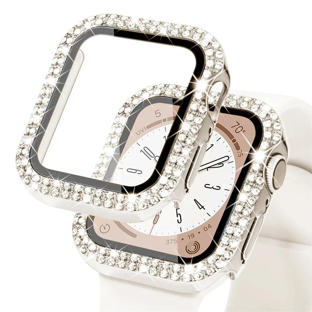 

Bling Glass+Cover For Apple Watch Case 44mm 45mm 41mm 40mm 44 mm Diamond bumper+Screen Protector Apple watch series 9 8 7 5 6 SE 40mm series 654 Se