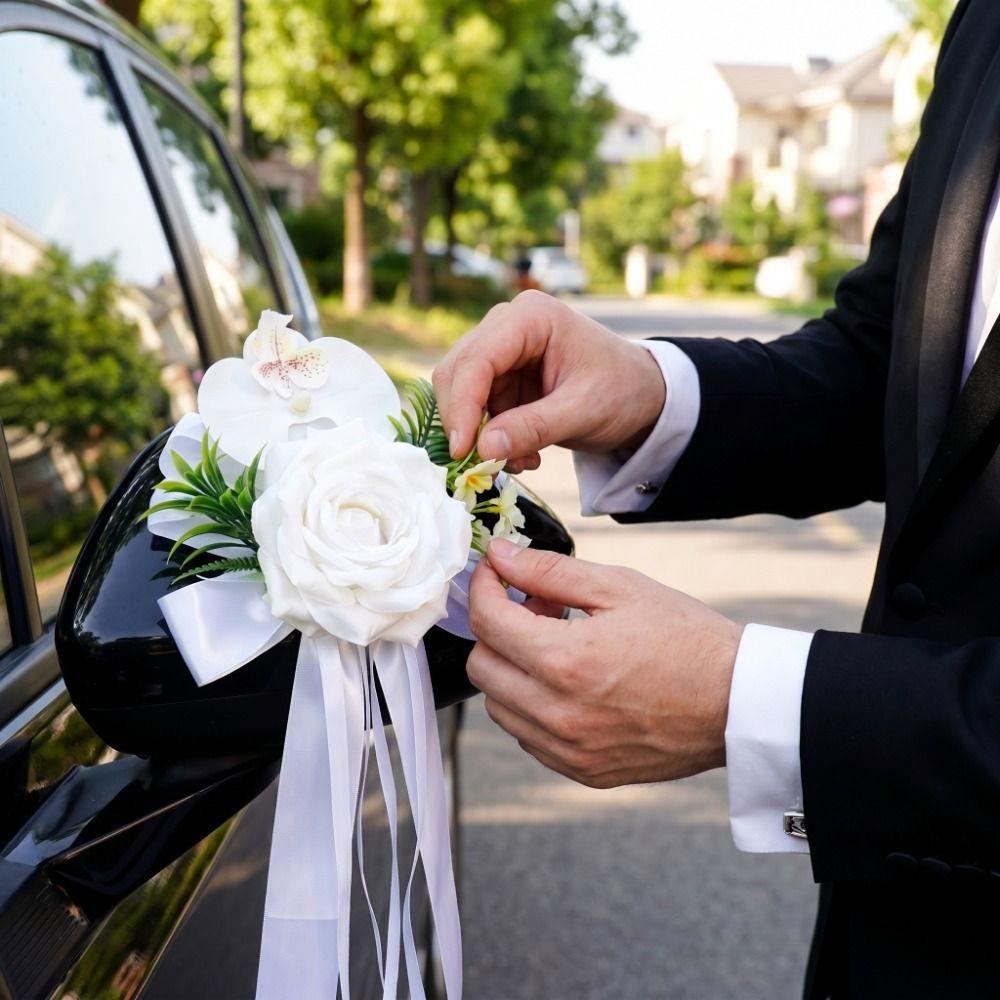 Ribbon Bow Wedding Decor Simulation Rose Car Decoration Artificial Rose Door Handle