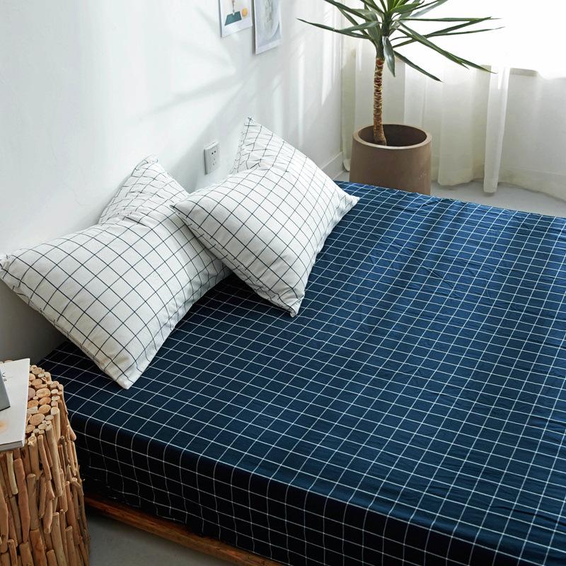 Washed Cotton Fitted Sheet Single Piece Solid Color Plaid Simple Single Bed Double Bed Fitted Sheet