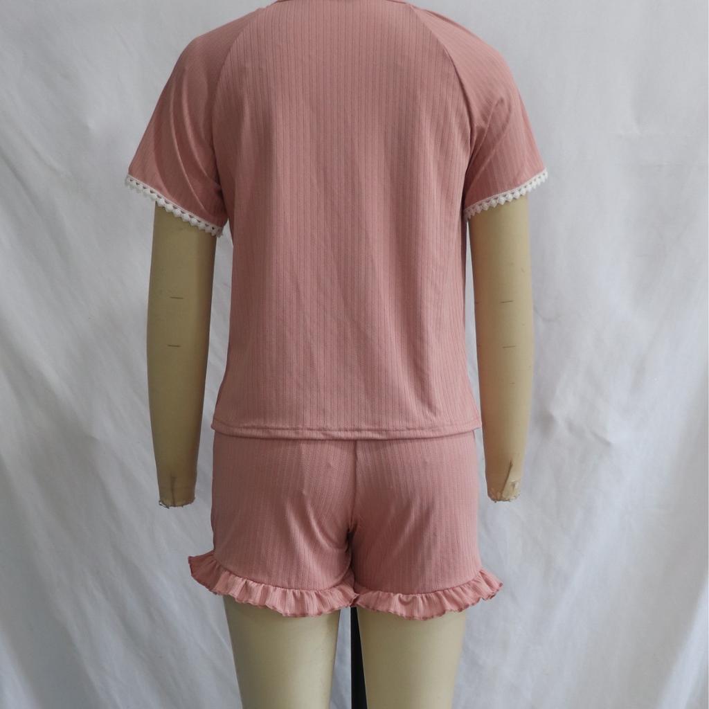 Summer Patchwork Nightgown with Short-sleeved Short Pants Set - Sweet Lace and Ruffled Tie-on Home Wear for Women