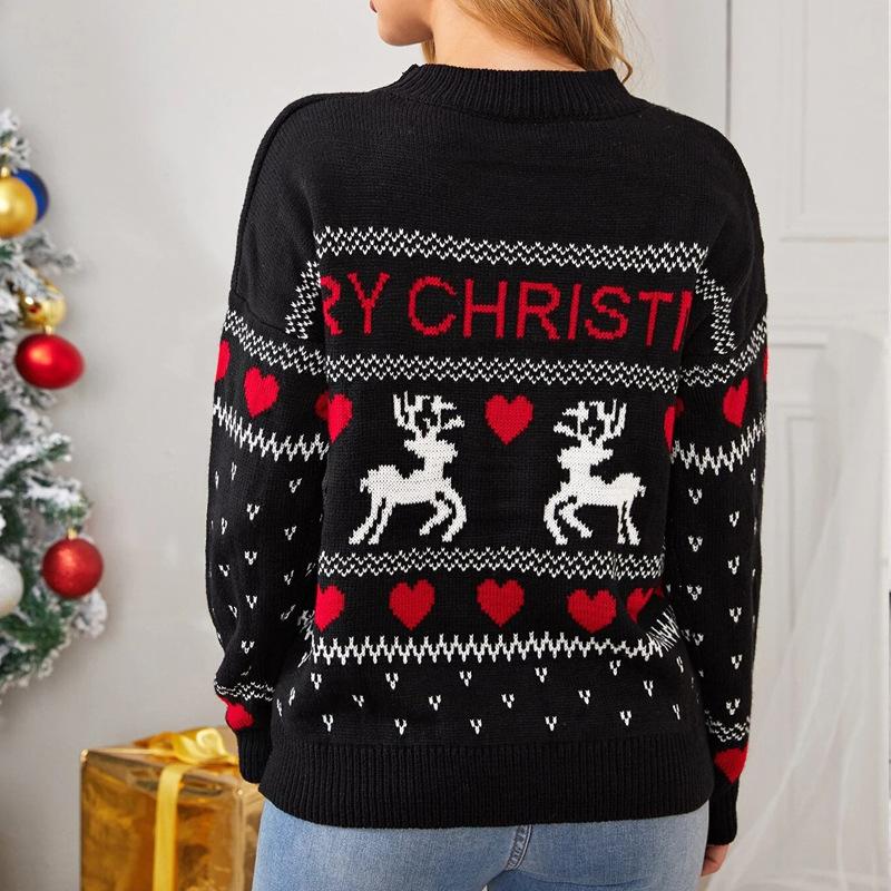 Women's Fall/Winter Christmas Sweater, Women's Pullover Round Neck, Loose Slouchy Fawn Jacquard Knit