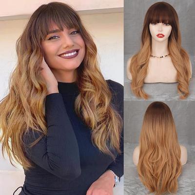פאה גלית בלונדינית עם פוני Ombre פאה בלונדינית ארוכה פאה סינטטית ארוכה גלית לנשים