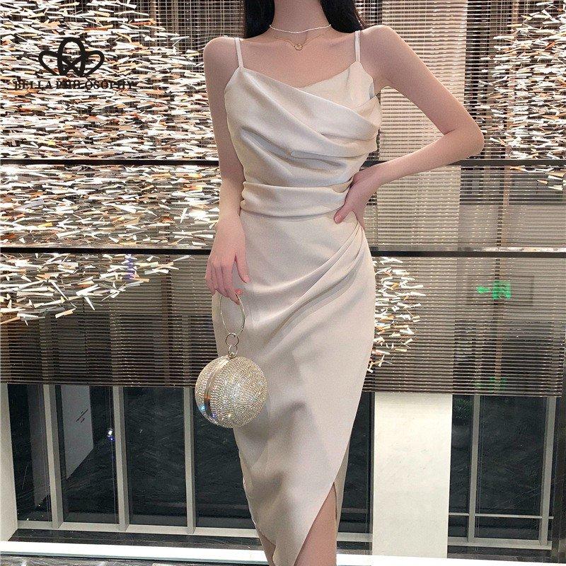 Französisches blaues Trägerkleid aus Satin, schlankes, elegantes Damen-Sommer-Split-elegantes, lässiges, langes Kleid, Strand- und Urlaubskleid