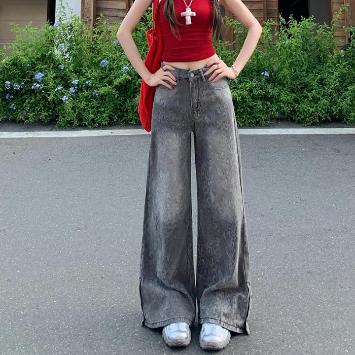 Y5028 American Retro Leopard Print Wide-Leg Jeans for Women - Loose, Floor-Length, Straight-Leg S