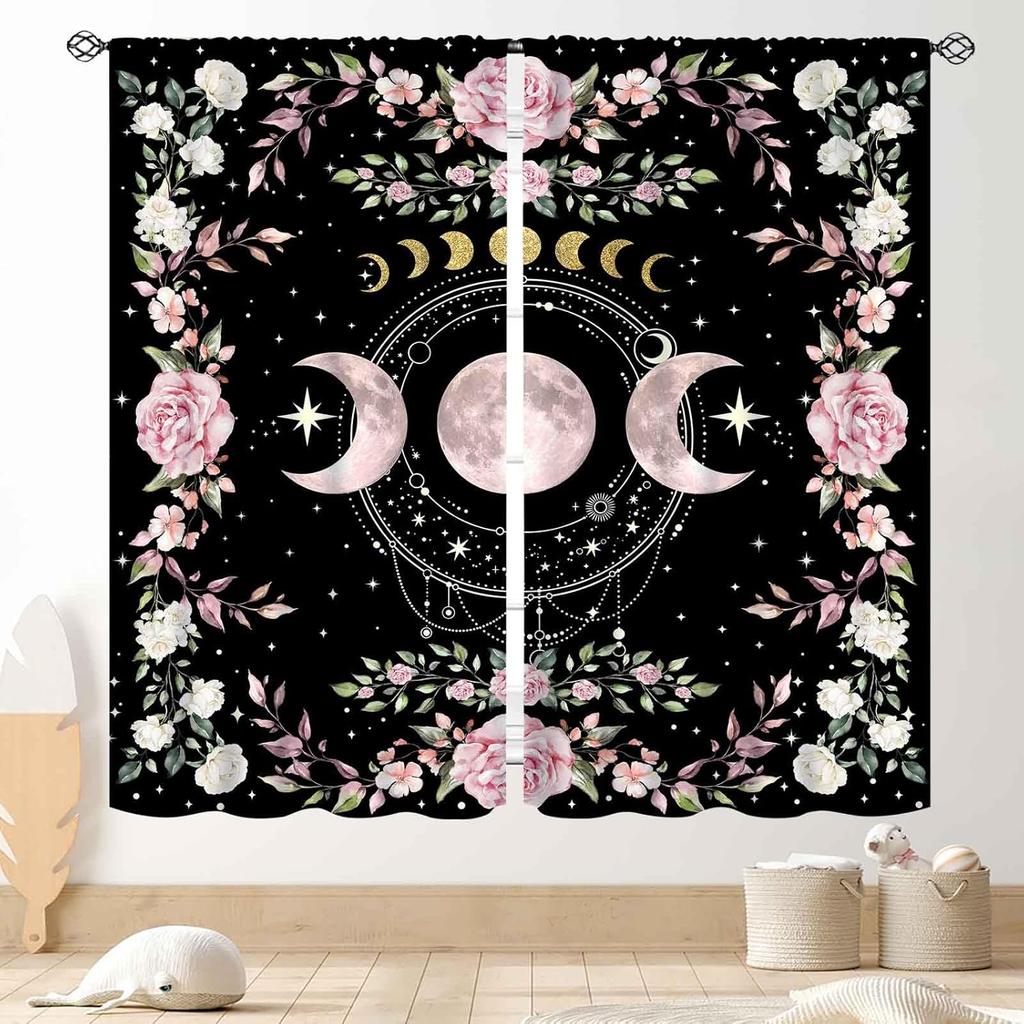 Wild Floral Moon Curtains, Boho Vintage Moon Phase Botanical Mid Century Moonlit Plants Aesthetic Spring Flower Blackout Window