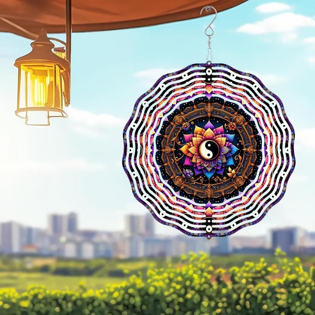 25.4cm 2D Yin Yang Flower Wind Spinner 360° Rotating Hook Laser-Cut Metal Mandala Decor Indoor Outdoor Gift