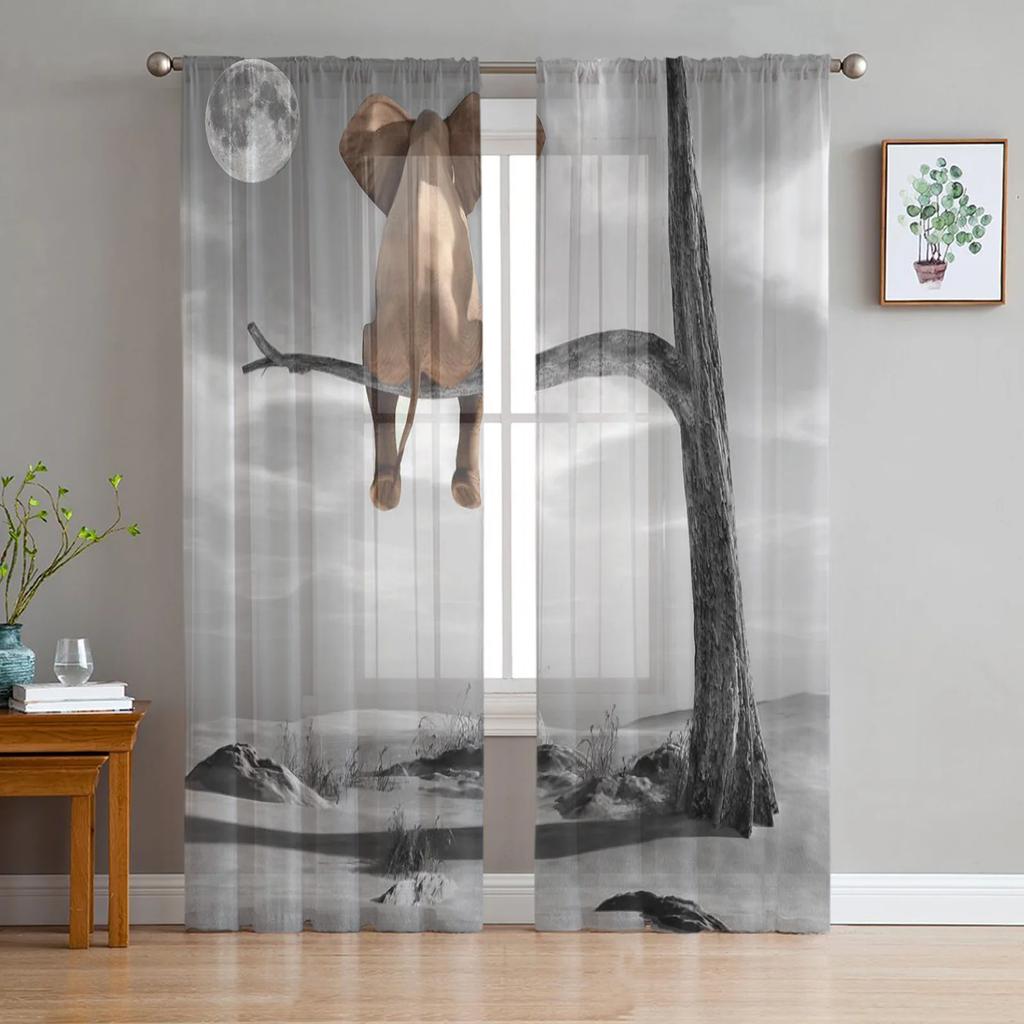 Elephant Big Stupid Bird Heart Gray Blue Curtains Living Room Bedroom Decoration Window Voiles Morning Tulle Curtain Sheer Polyester Sitting Decor