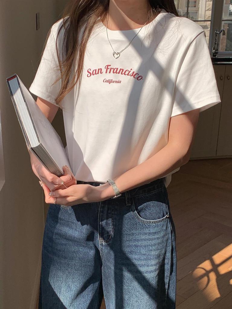 Korean Style Loose Round Neck Letter Print Short Sleeve T-Shirt - Elegant, Versatile, Daily Wear Top