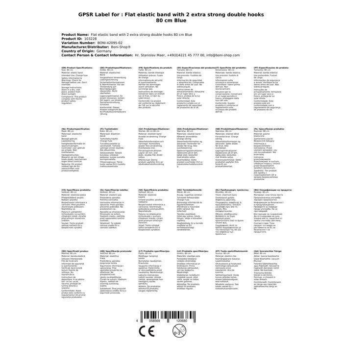 Sangle Élastique Plate avec Crochets Doubles, 80cm Bleu