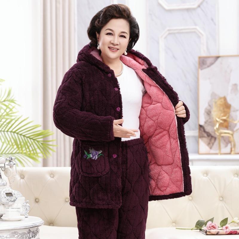 Winter padded pajamas three-layer thickened coral fleece loungewear women's plus size pajamas set