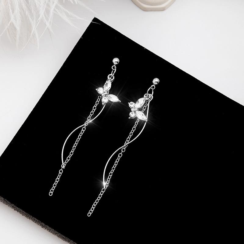 925 Silver Crystal Butterfly Chain Tassel Earrings