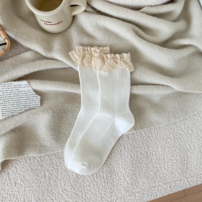 Autumn Socks Japanese Students Lace Double Needle Tube Socks Female Sweet Lolita Jk Wind Pile Socks