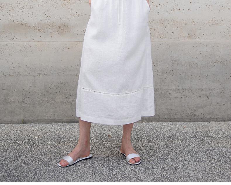 Vintage A-Linien Patchwork Midi-Rock aus reinem Leinen mit elastischem Bund und Schlitz hinten