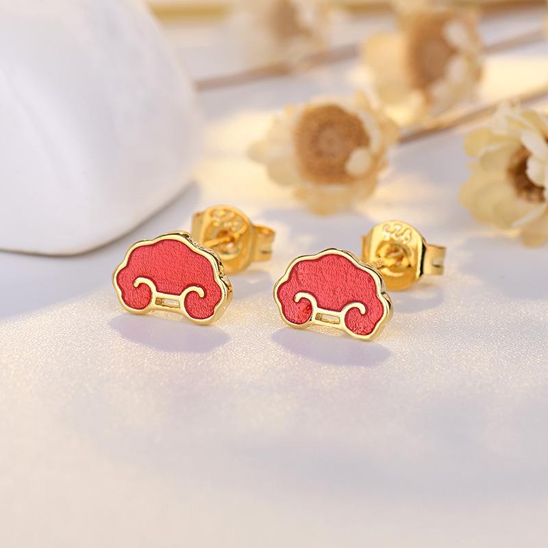 Korean-Style Red Star & Moon Earrings with Chinese Knot, S925 Silver Needle