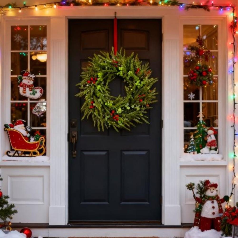 Artificial Norfolk Pine Christmas Wreath with Red Berries Heart Shape Greenery Holiday Decoration 45cm Lightweight