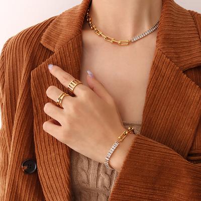 Style Personalized Versatile U-Shaped Horseshoe Splicing Zircon Bracelet Necklace Set, Titanium Steel Plated 18K Gold Jewelry