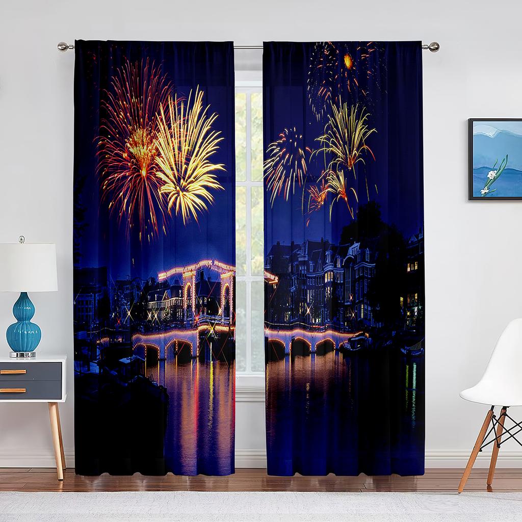 Paesaggio da Sogno Vista Notturna Fuochi d'Artificio Cielo Stellato Tende di Tulle per Decorazione Soggiorno Camera da Letto Chiffon Leggero Voile Tenda da Finestra