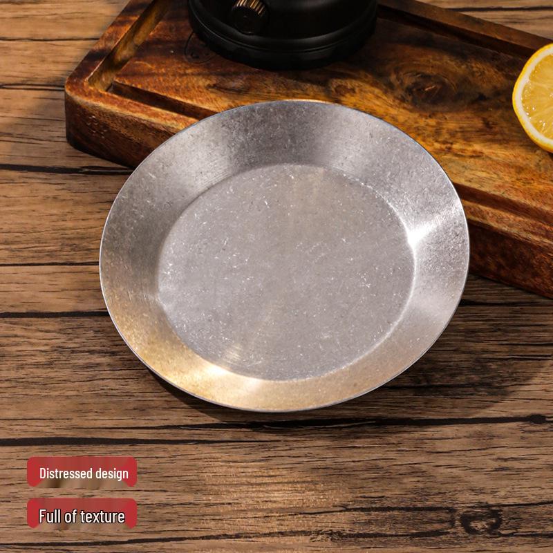Retro Stainless Steel Round Snack Plate - Old-fashioned Barbecue Sauce Tray with Bone Dish Design