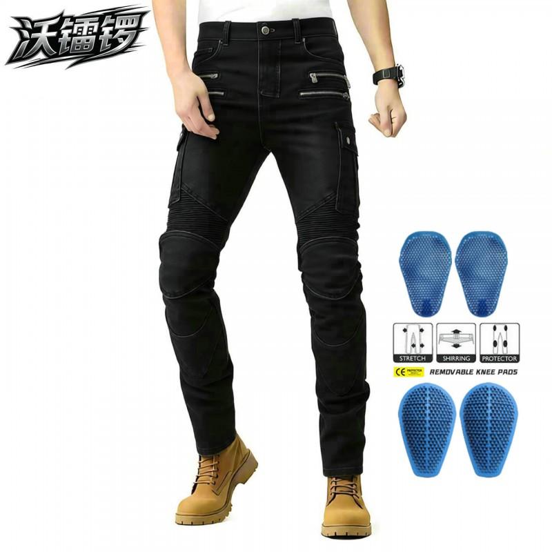 Mens Motorcycle Riding Jeans Tactical Pants With Protective Padding Multi-Pocket Zipper Design Outdoor Motorbike Use