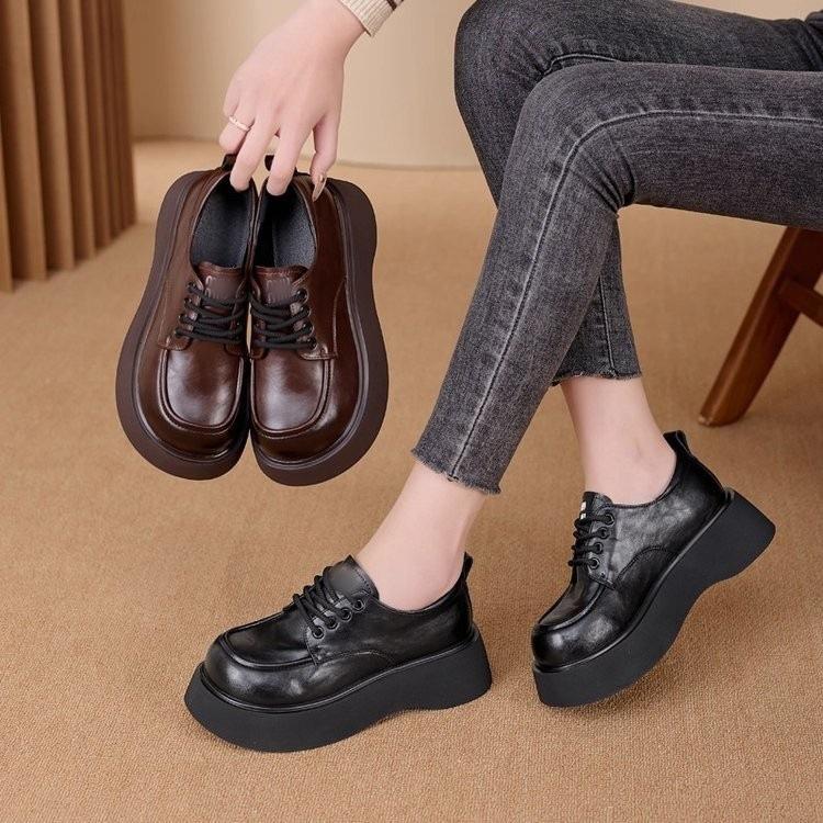 Height-increasing shallow lace-up leather shoes autumn new casual muffin shoes single shoes