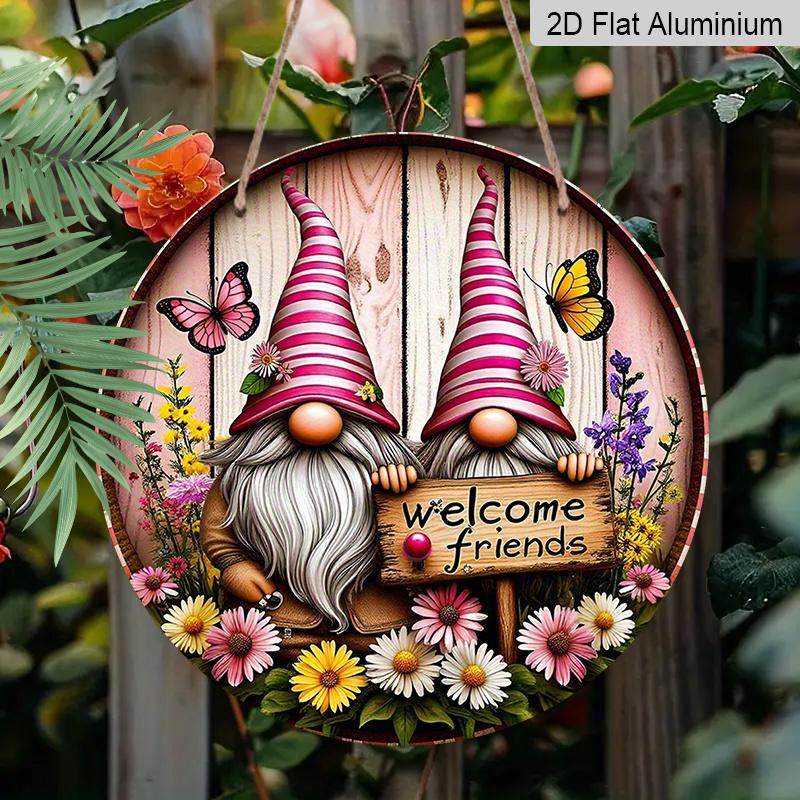 2D Flat Print, 1pc Metal Aluminum Sign, Whimsical Gnome Garden Wall Art with "Welcome Friends" Sign, Colorful Flowers & Butterflies, Rustic Decor for