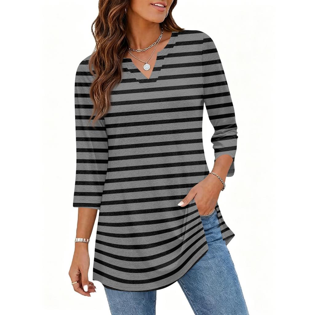 Damen V-Ausschnitt 3/4 Ärmel Pullover Tunika Oberteil mit Streifenmuster Lockerer Schnitt Lässige Mittellange Bluse für den täglichen Gebrauch