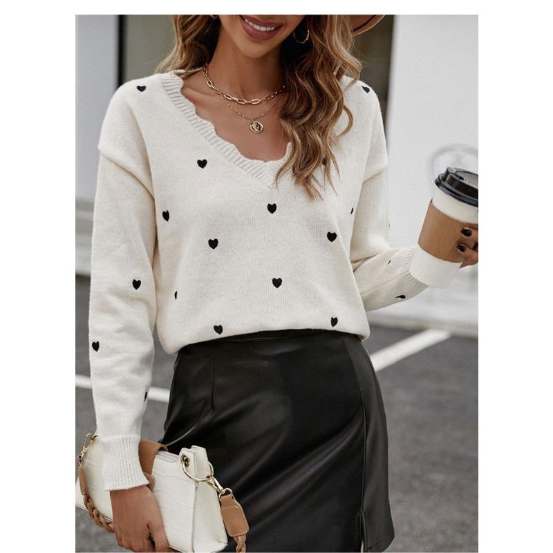 Women S Loose Fit V Neck Heart Jacquard Pullover Knit Sweater