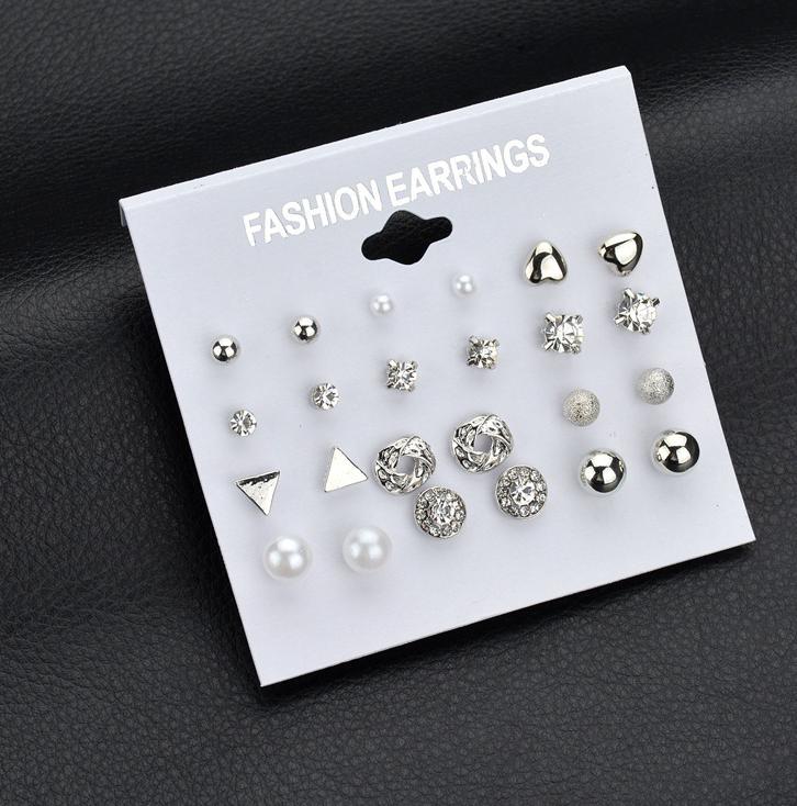 

12 Pair/set Fashion Women Square Crystal Heart Stud Earrings For Women Piercing Simulated Pearl Earrings Pendientes Bijoux медный