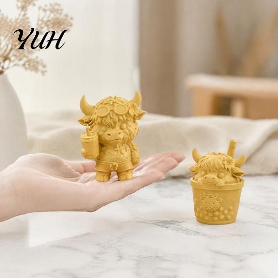 Helande Djurstaty Set 2st Söt HöglandsKo Figur, 3D-printade Bubble Tea Statyer, Kreativ Hartsliknande Modell Sommarbondgårdsstil Skrivbords