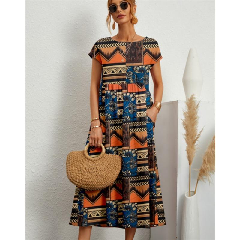 QICED Fashion Ladies Loose Cotton Linen Sleeveless Crew Neck Print Summer Dress