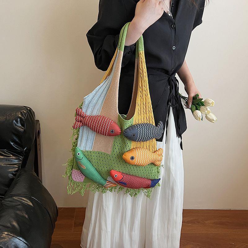 Women's Lazy Style Knitted Tote Bag - Versatile, Fashionable, Large Capacity, Single Shoulder, White