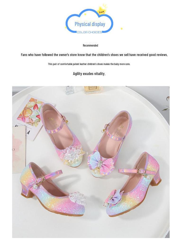 Girls' Crystal Leather Heels - Spring/Fall Princess Shoes with Soft Soles for Catwalks