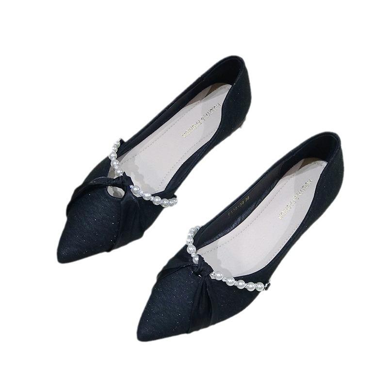 Huiliya French single shoes women's summer new temperament pointed flat bottom small fragrant wind shallow mouth pearl ladyshoes 23503