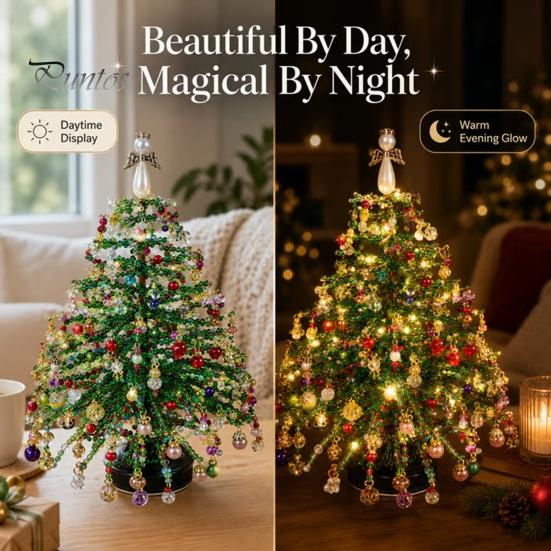 School Holiday Art Supplies DIY Beaded Christmas Tree Kit, Handmade with LED Lights, Decorations Craft Project, Bead Crafting Kit for Adults,