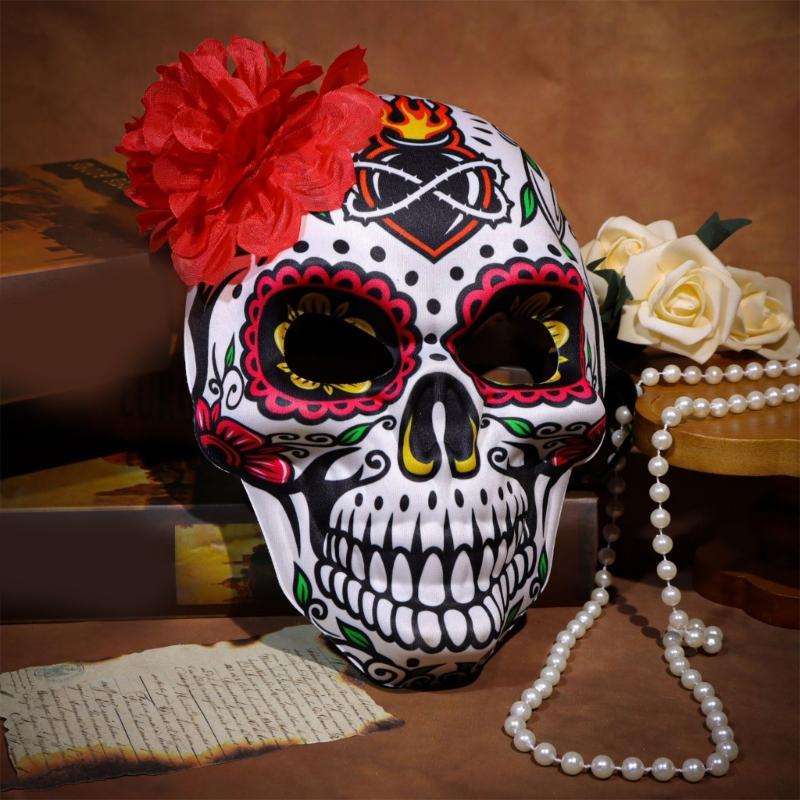 Day of The Deads Mask Sugar Skull Mask with Rose Decorations Masquerades Mask for Halloween Cosplay Party Costume Gifts