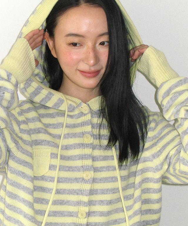RONRON Mini Pocket Hooded Knit Cardigan Yellow Stripe