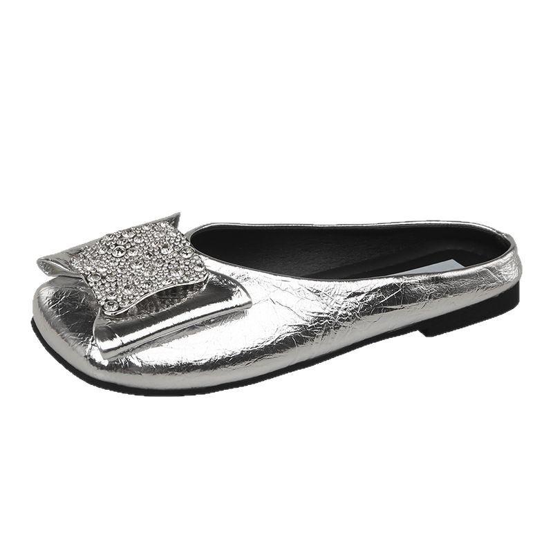 Rhinestone Square Head Slippers Shallow Mouth Women's Shoes Korean Version Leather Slippers Flat Bottom One Pedal Rhinestone Suede Slippers Women's