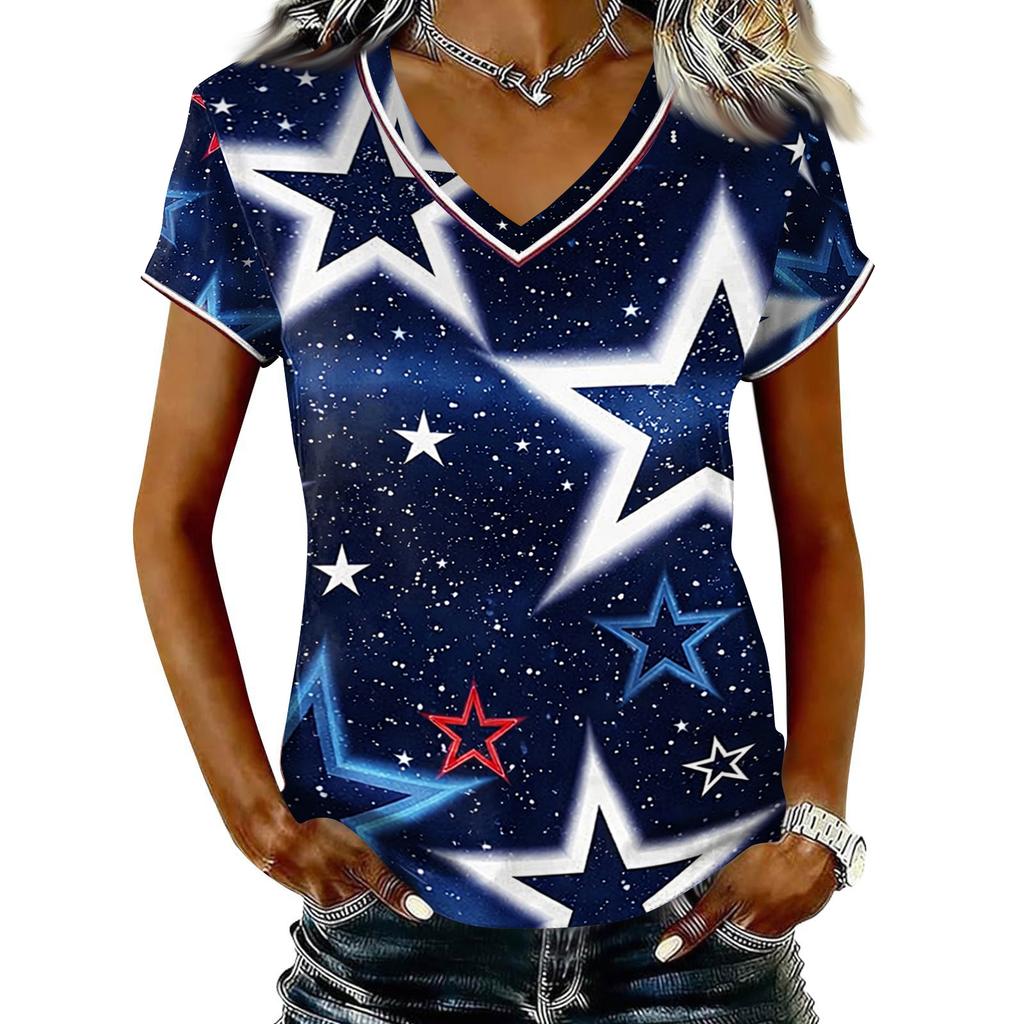 Women V Neck Short Sleeve Pullover T Shirt with Printed Star Pattern Casual Loose Fit Top for Everyday Wear