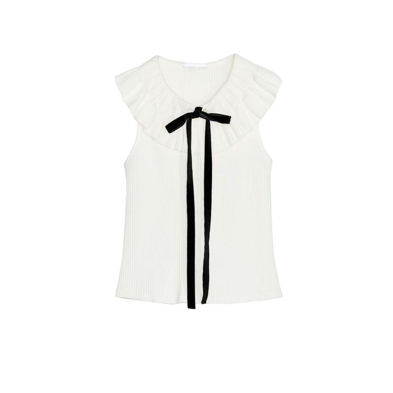 

Summer New Product Women s Clothes French Color Contrast Patchwork Bowknot Decoration Warp Knitting Lead Polo Collar Top 4770171 Ground White L