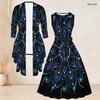 Women Plus Size Two Piece Set Sleeveless Round Neck Tie Waist Flared Dress 3 4 Sleeve Open Front Blue Black Printed Cardigan