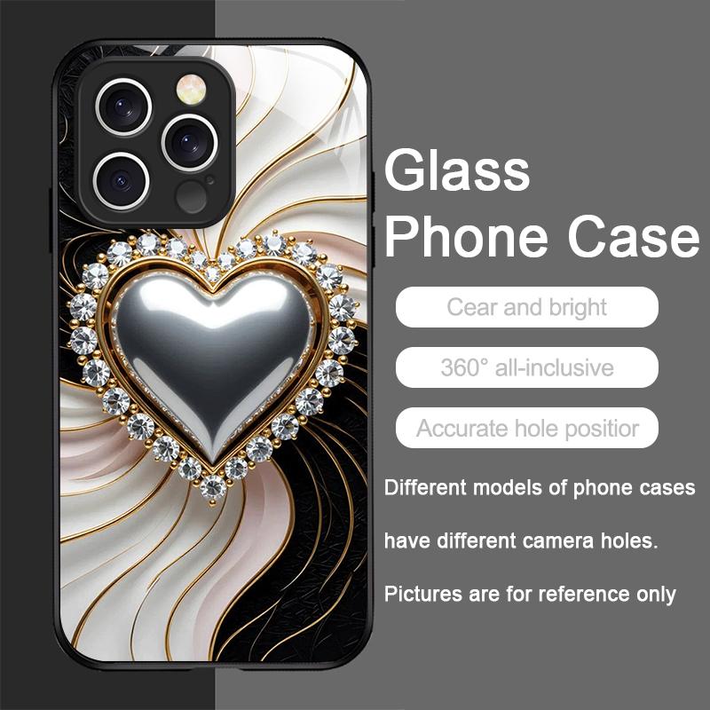 Stylish Black White Heart with Pearls Tempered Glass Phone Case for IPhone 17 16 Pro Max 15 14 13 12 Mini 11 X XS 7 8 Plus Cover