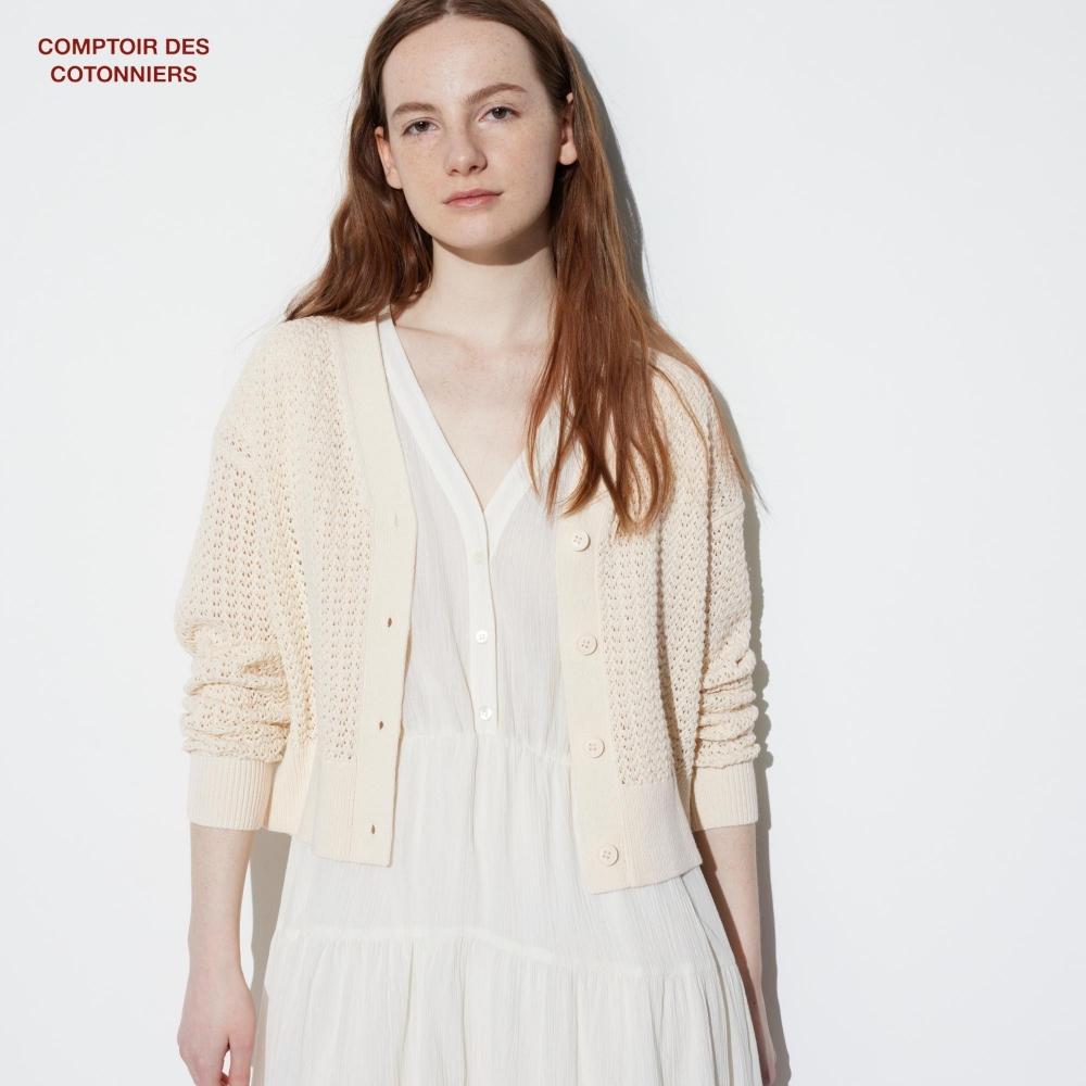 

UNIQLO JAPAN Льняной хлопок Ажурный кардиган с длинными рукавами Contour Decotonnier