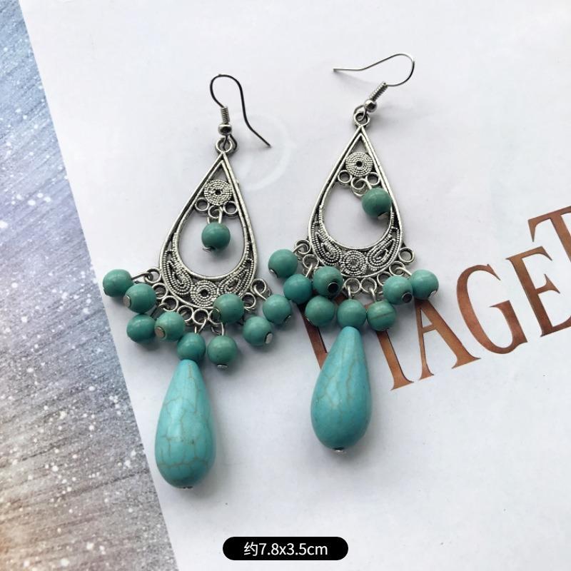 Temperament Retro Turquoise Earrings, Ancient Silver Water Drop Fringed Earrings, Women's Versatile Long Ear Jewelry