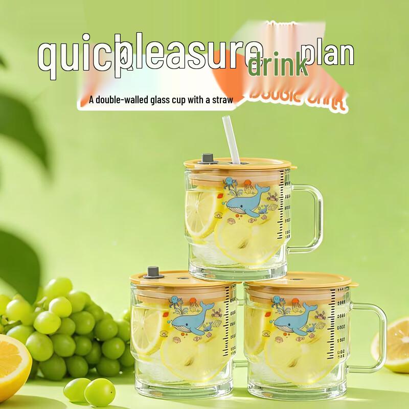Cartoon Glass Straw Cup with Handle