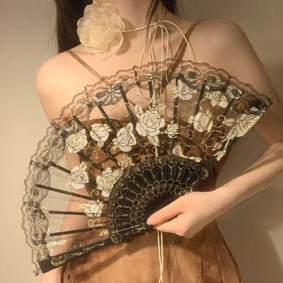 Faltfächer mit Spitze und Rosenblüte, Vintage, leicht, tragbar, für den Sommer, Handfächer, Dekoration, Tanz-Performance-Requisiten, Party-Zubehör