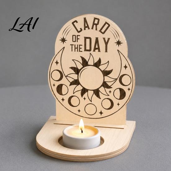 Decorative Tealight Stand Wooden Tarot Card Holder Stand of The Day Candle Holder Moon Rustic Home Decor Sun Star Pattern Altar Display for