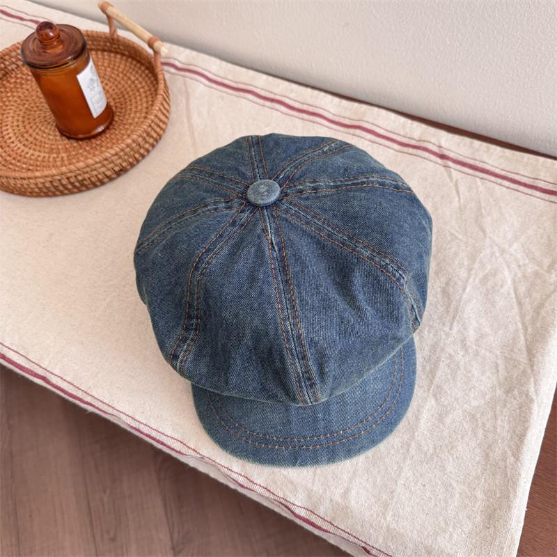 Large Head Circumference Denim Beret Hat Round Top Style With Short Brim Stylish Cloud Design Cap