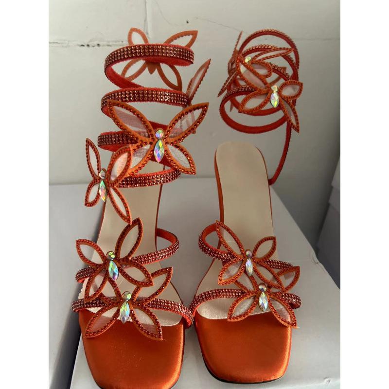 New French temperament rhinestone bow high heels square head thin heel sexy winding belt sandals European and American